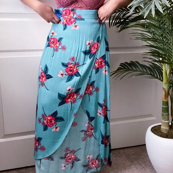 Express Floral Tropical Faux Wrap High Low Skirt XS Blue Pink - Picture 1 of 10